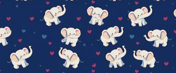 Adorable cartoon elephants in playful poses on a midnight blue background forming a seamless repeat pattern, wallpaper, design