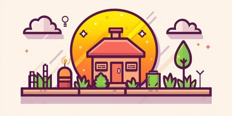 startup financing money seed plan concept. Bright illustration of a house with nature and a stylized sun backdrop.