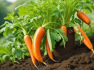 Fresh orange carrots growing in garden soil with vibrant green tops, showing organic vegetable cultivation and harvest-ready produce