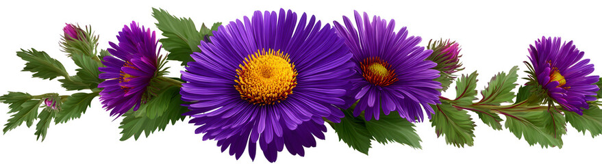 Obraz premium Vibrant Arrangement of Purple Asters with Yellow Centers and Green Leaves on a Transparent Background