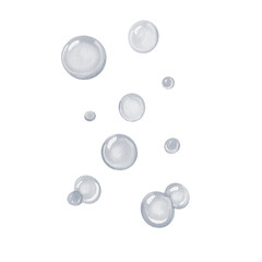 Blue bubbles with white highlights and air inside. Large shiny bubbles and small dense bubbles. Air underwater. Fish breathing. Watercolor illustration without a background, hand-drawn.