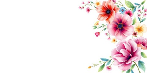 Obraz premium Elegant watercolor wildflower bouquet corner design, ideal for invitations or cards, white, blank