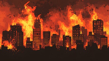 A city skyline consumed by intense flames and destruction.