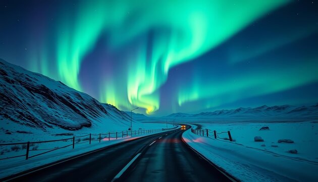 Emerald aurora borealis drapes a snow-covered road winding through a dark, arctic landscape, Northern Lights, dark - Powered by Adobe