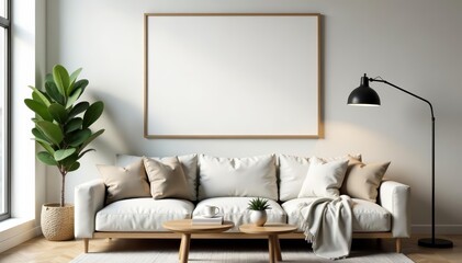 Empty frame hanging above comfy sofa in stylish living room, cushion, mock up
