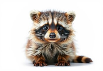 Obraz premium A fluffy adult raccoon with endearingly large eyes sits against a pure white backdrop, illustration, image