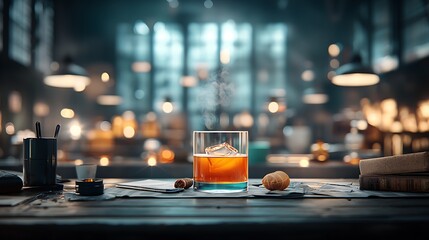 A whiskey cocktail in a dimly lit, antique laboratory setting