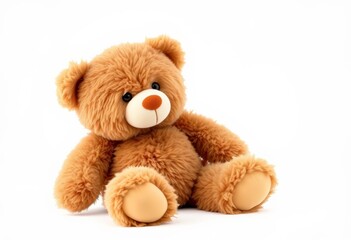 Obraz premium A fluffy, soft brown teddy bear sits against a pure white background, friend, plush toy