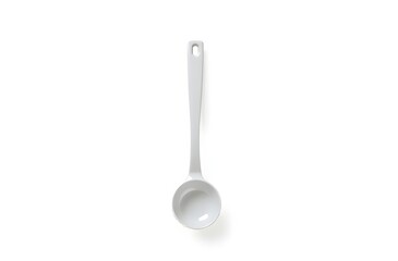Plastic Ladle Top View on Bright White Background, Minimal Shadow, Flat Lay Clean Composition for Kitchenware Product Presentation