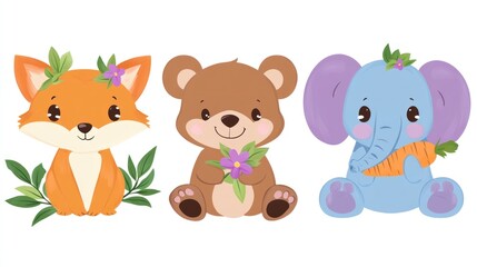 Cute fox, bear, elephant cartoon animals; floral background; children's book illustration