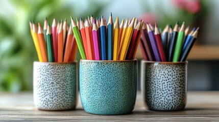 Colorful pencils organized in ceramic holder for artistic workspace