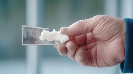 Hand holding a photo and a white object