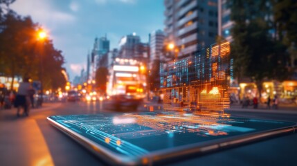Digital Cityscape: A vibrant illustration of a modern metropolis merging with advanced technology, visualized through a digital tablet interface and seamless blend of real world urban landscape.