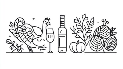 Obraz premium Thanksgiving feast turkey, wine, fruit, herbs. Holiday celebration banner