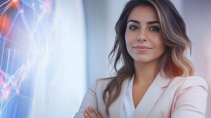 Obraz premium Confident Businesswoman at Work: A poised businesswoman, embodying expertise, stands confidently, reflecting competence and ambition, against a backdrop of a dynamic graph.