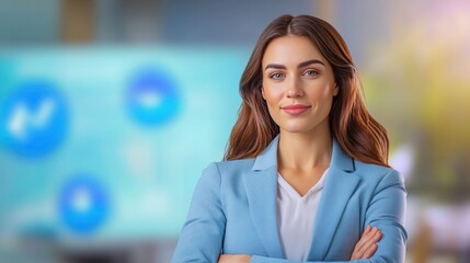 Confident Woman in a Business Context: A poised woman exudes confidence, dressed in a professional business attire, gazing into the camera with an air of authority against a blurred office background.
