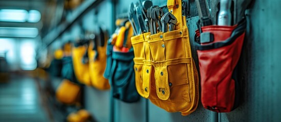 Tool pouches hanging on wall in workshop