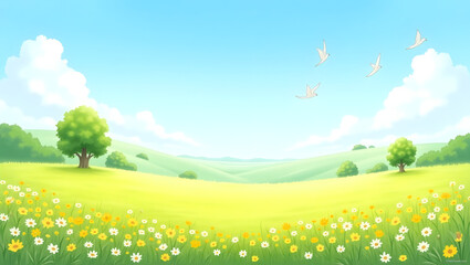 Fototapeta premium A peaceful countryside scene with a meadow full of yellow and white wildflowers, a few lush green trees scattered around, distant soft hills, and a bright sky with fluffy clouds