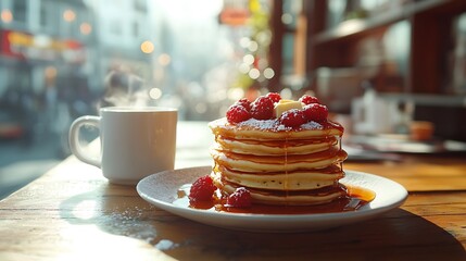 **High-Resolution Image Of A Café Breakfast Setup With Pancakes Stacked High, Fresh Berries, Syrup Drizzle, Butter Melting On Top, And A Cappuccino Cup Beside It, Bright Window Light, Wooden Table, Me