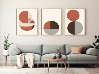 Set of three minimalist abstract wall art prints with simple shapes and vibrant forms in a colorful boho style