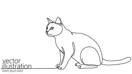 Single line drawing shows cat. Cat sits sideways looking left. Pet adoption logo design or tattoo art minimalist style white background