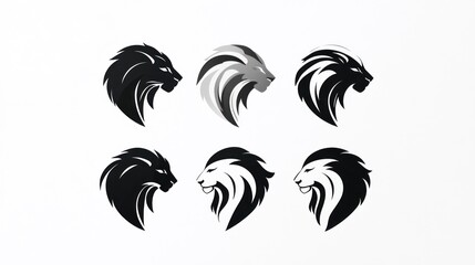Obraz premium Six stylized lion head designs; vector graphics; white background; logo concepts