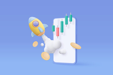 3d flying space rocket with money coin on mobile phone. Spaceship launch on blue background. space for business startup and growth statistics trading concept. 3d rocket icon vector illustration