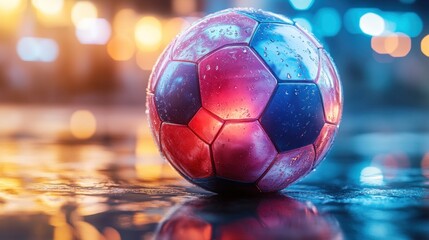 Fototapeta premium Wet soccer ball on a city street at night