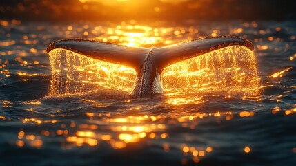 Whale tail emerging from water at sunset