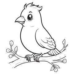 Fototapeta premium Black and white illustration of a cute bird sitting on a branch. Simple line art suitable for coloring pages.