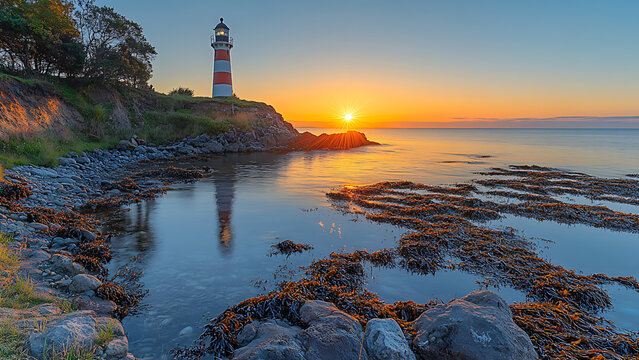 a serene coastal scene at sunrise.