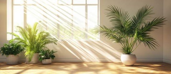 Fototapeta premium Sun-Drenched Tranquility: Indoor Oasis with Lush Plants and Warm Light Streams
