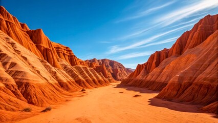 Naklejka premium Majestic Red Rock Canyon Under Clear Blue Sky with Striking Layers of Eroded Earth