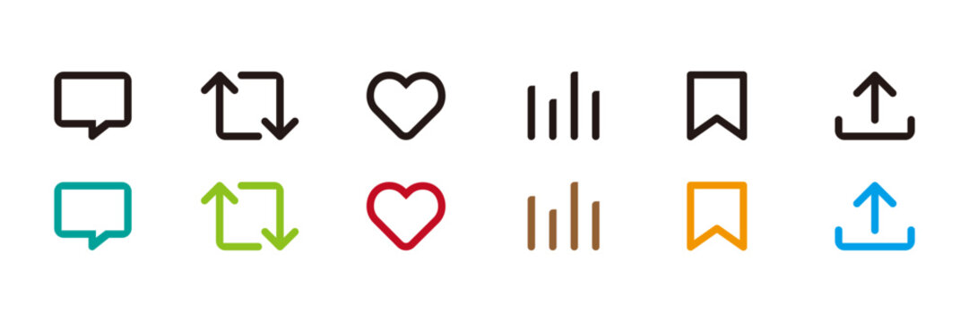 SNS  아이콘 일러스트 1 댓글, 리트윗, 좋아요, 공유 - SNS Icon Illustration Set for common SNS features such as reply, retweet, like, and share. Ideal for social media, UI design, apps, blogs, and other digital content