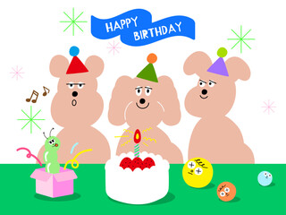 Obraz premium 생일 파티에 고깔모자를 쓴 귀여운 강아지 캐릭터 일러스트 - Cute Puppy Character Wearing a Party Hat at Birthday Celebration