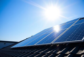 Blue sky, sunlit rooftop solar panels installation, power, sun