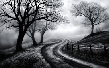 Obraz premium Mysterious Foggy Pathway with Deep Shadows