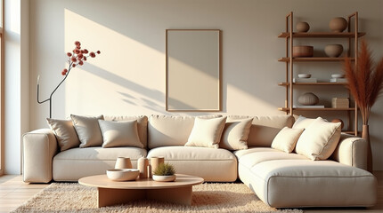 Cozy Neutral Living Room with Geometric Accents and Sculptural Floral Decor