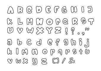 Fun hand drawn doodle alphabet with letters and symbols, perfect for kids projects and designs.