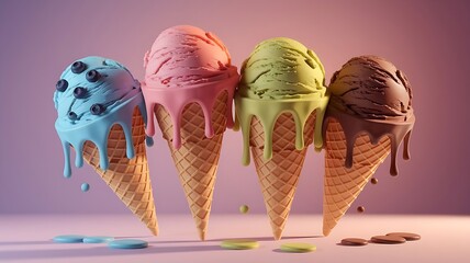 colorful cones starting to drip slightly&mdash;blueberry, peach, pistachio, and milk chocolate. The lavender solid background gives contrast to the vibrant ice cream colors and playful drip patterns