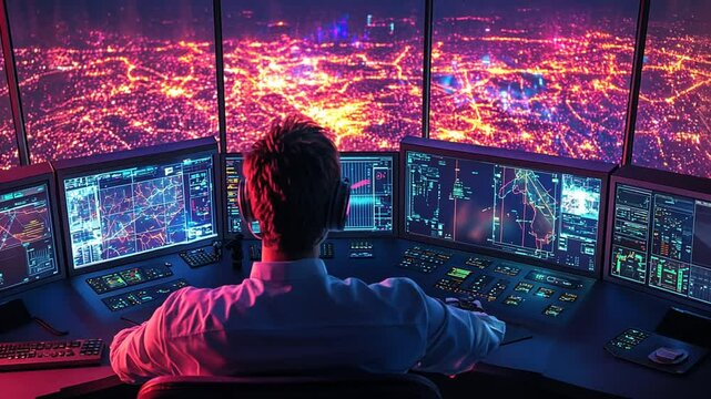 Night City Control Tower: A futuristic air traffic controller oversees a sprawling metropolis at night.