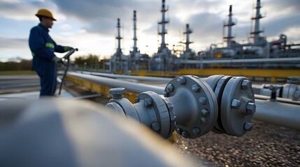 Fototapeta premium Industrial complex with pipelines and a worker.