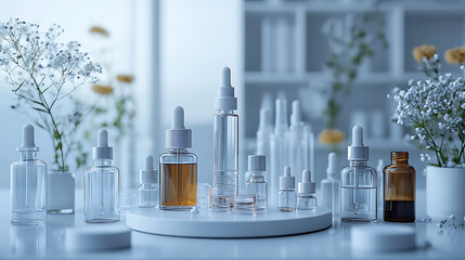 Minimalist cosmetic dropper bottles product showcase on white circular platform delicate floral arrangement