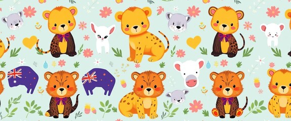 Obraz premium Cute Australian animals in a repeating seamless pattern, perfect for fabric and paper products, cute, fauna
