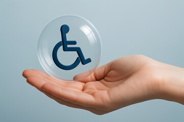 Insurance for accessibility hand holds a bubble with a wheelchair symbol inside. Suitable for disability insurance services marketing materials.