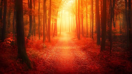 Enchanted Autumn Forest Path Glowing Under Soft Amber Light
