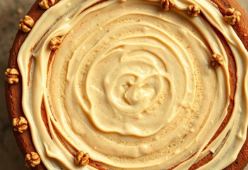 Circular layers of moist carrot cake, studded with walnuts, viewed from above; ample empty space, orange, sweet