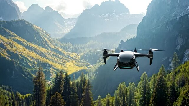 Drone flying in the mountains and forests