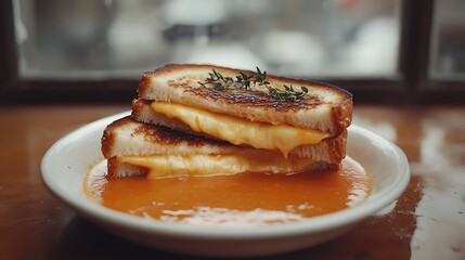 **Melty Grilled Cheese Sandwich Sliced Diagonally And Dipped Into Creamy Tomato Soup, Styled For Cozy Café Ad Or Rainy Day Comfort Food Campaign --Ar 16:9 --S 280** - @Darya (Relaxed)