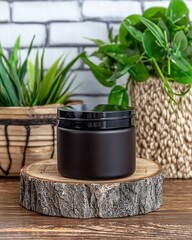 A simple black candle resting on a rustic wooden table creating a serene and calm atmosphere